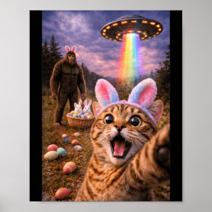Cute Cat Selfie with Easter Bunny Bigfoot UFO for Poster