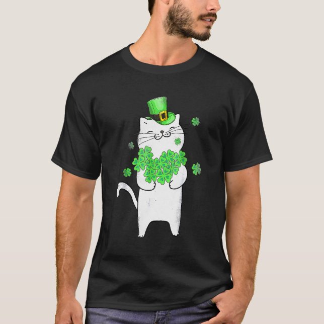 Cute Cat Shamrock St Patricks Day Meowy Irish Catr T-Shirt (Front)