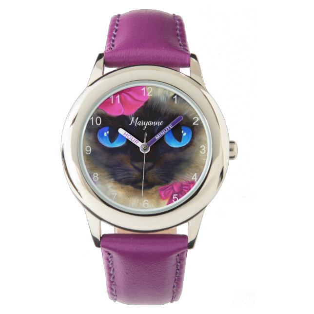 Cute Cat Siamese Face Add Name Purple Illustration Watch (Front)