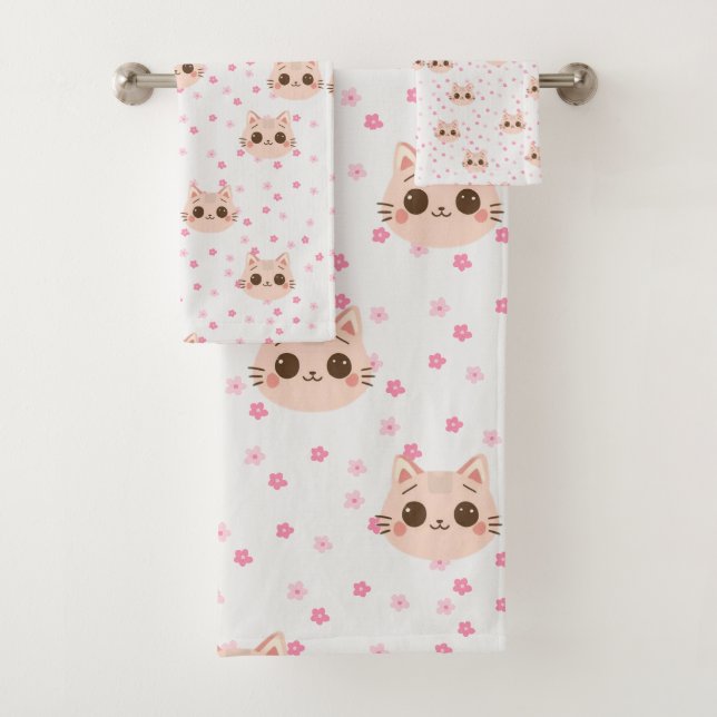 Cute Cat simple pet kitten Pattern Party Bath Towel Set (Insitu)