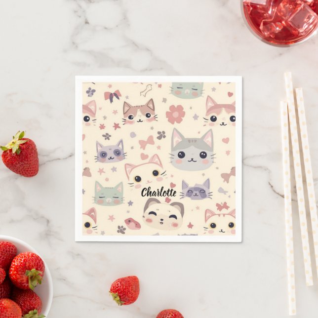 Cute Cat simple pet kitten Pattern Party Napkin (Insitu)