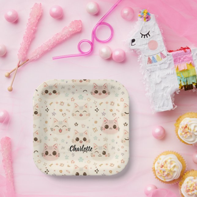 Cute Cat simple pet kitten Pattern Party Paper Plate (Party)