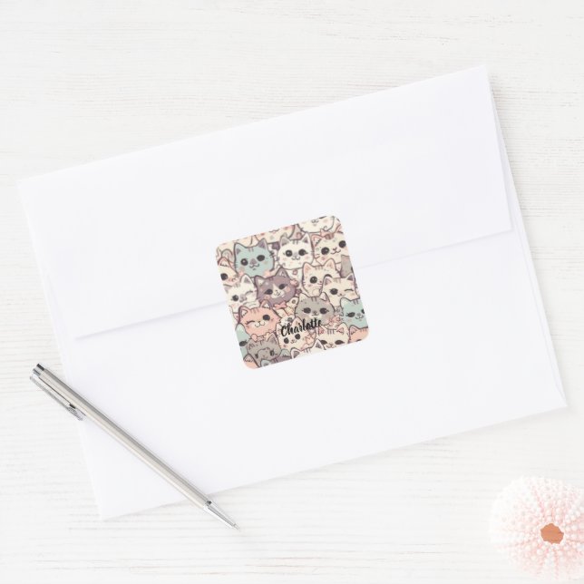 Cute Cat simple pet kitten Pattern Party Square Sticker (Envelope)