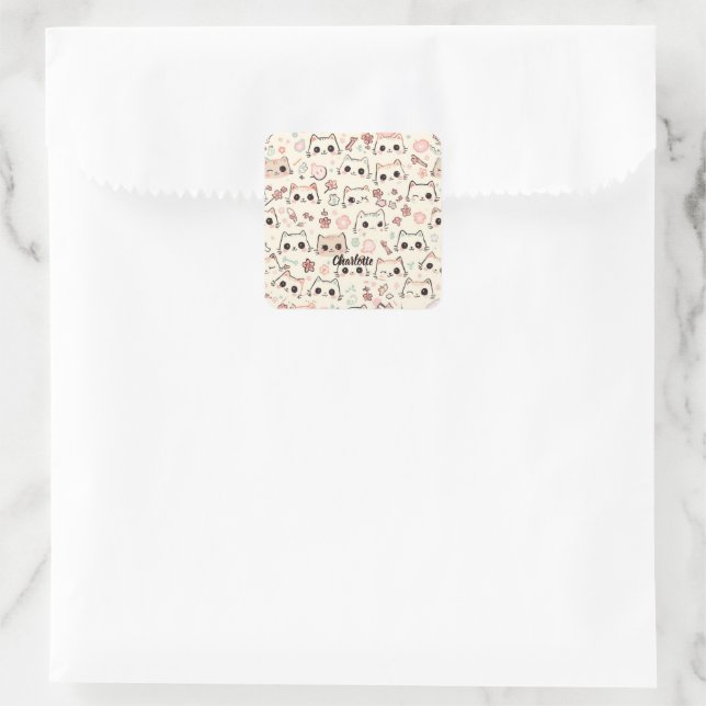 Cute Cat simple pet kitten Pattern Party Square Sticker (Bag)