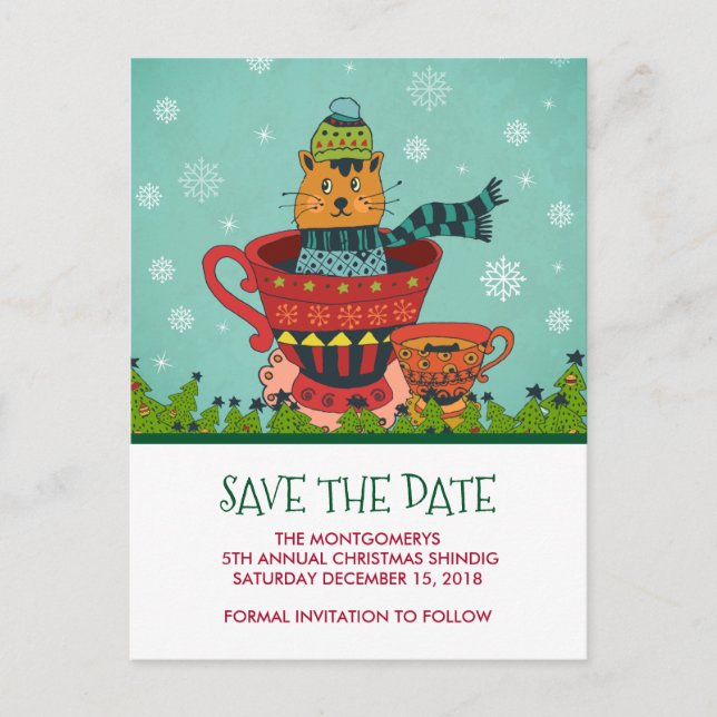 Cute Cat Sitting in a Teacup Save the Date Postcard (Front)