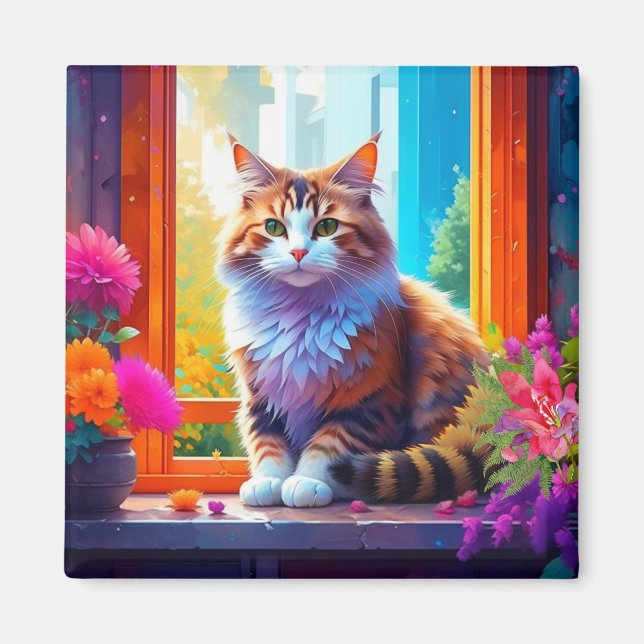 Cute Cat Sitting in City Window Ai Art Magnet (Front)