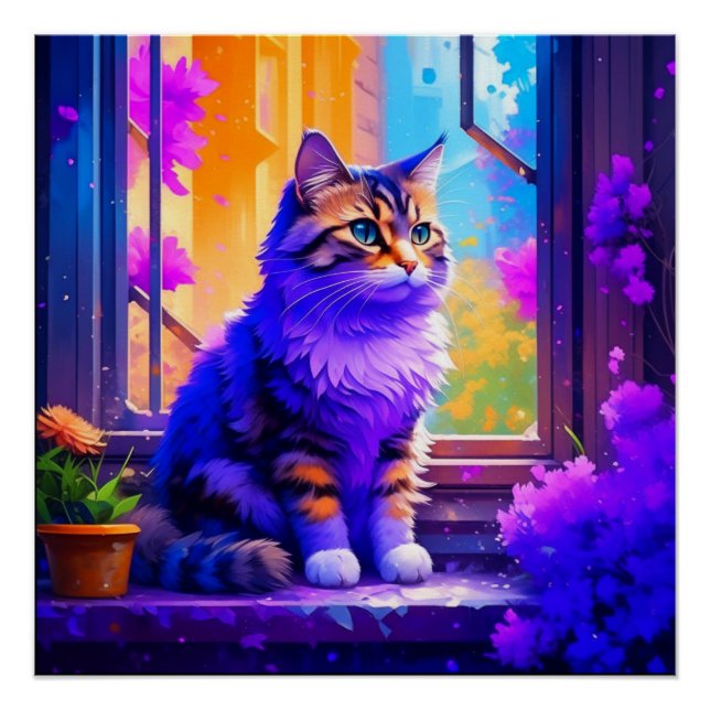 Cute Cat Sitting in Window Ai Art Poster (Front)