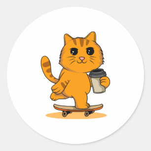 Cute Cat Skateboarding Classic Round Sticker