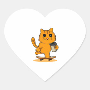 Cute Cat Skateboarding Heart Sticker