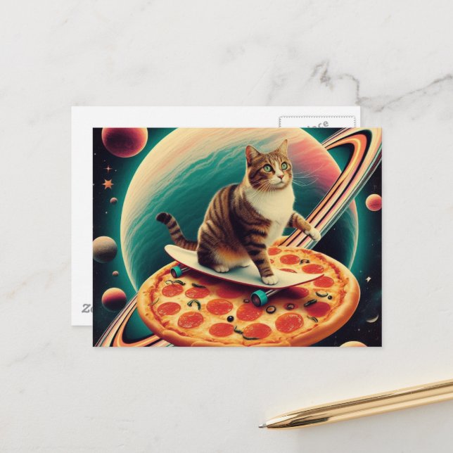 Cute Cat Skateboarding on a Pizza Planet Postcard (Front/Back In Situ)