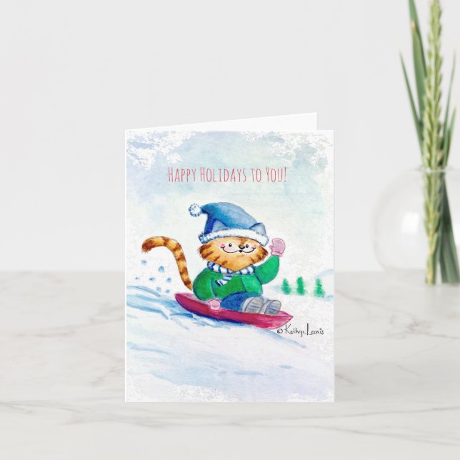 Cute Cat, Sled in Snow, Holiday Blank Folded Card (Front)