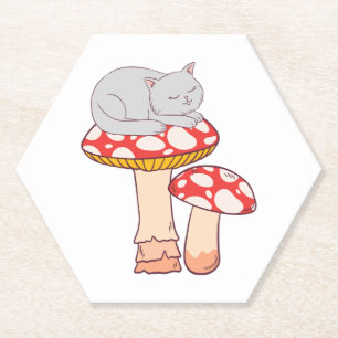 Cute Cat Sleeping on Mushroom Paper Coaster