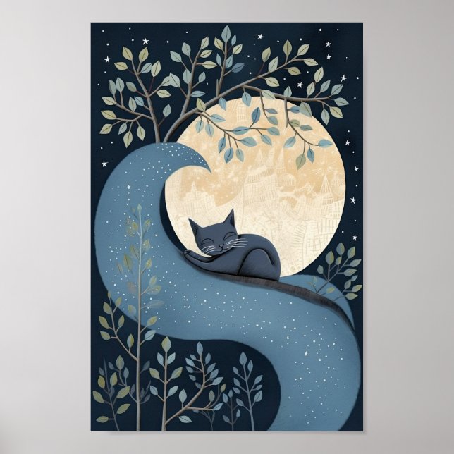 Cute cat sleeping under the Moon and Stars. Poster (Front)