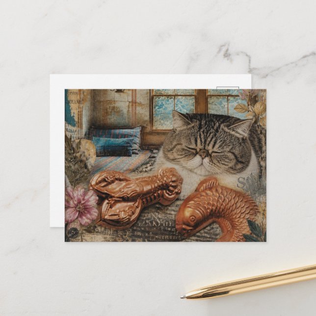 Cute Cat Sleeping With Lobster and Fish Postcard (Front/Back In Situ)