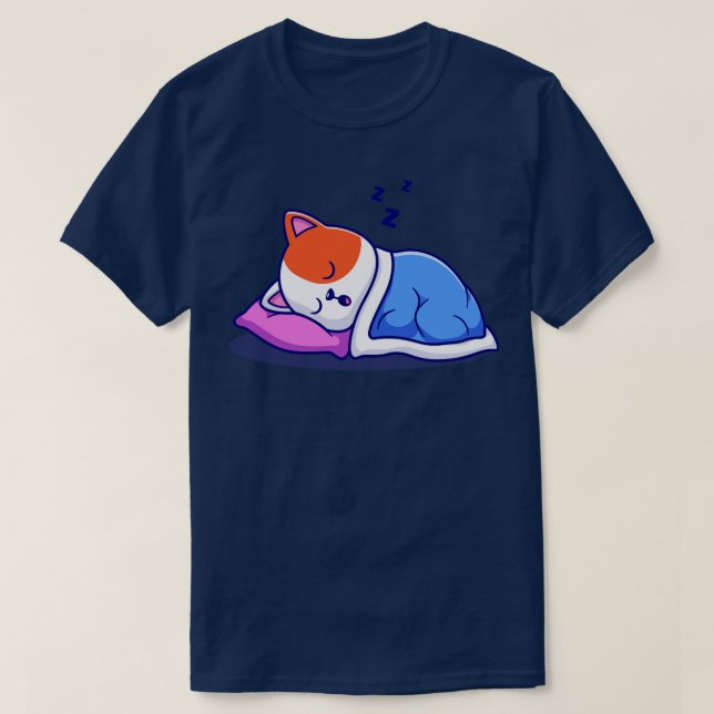 Cute Cat Sleeping With Pillow And Blanket Cartoon T-Shirt (Design Front)