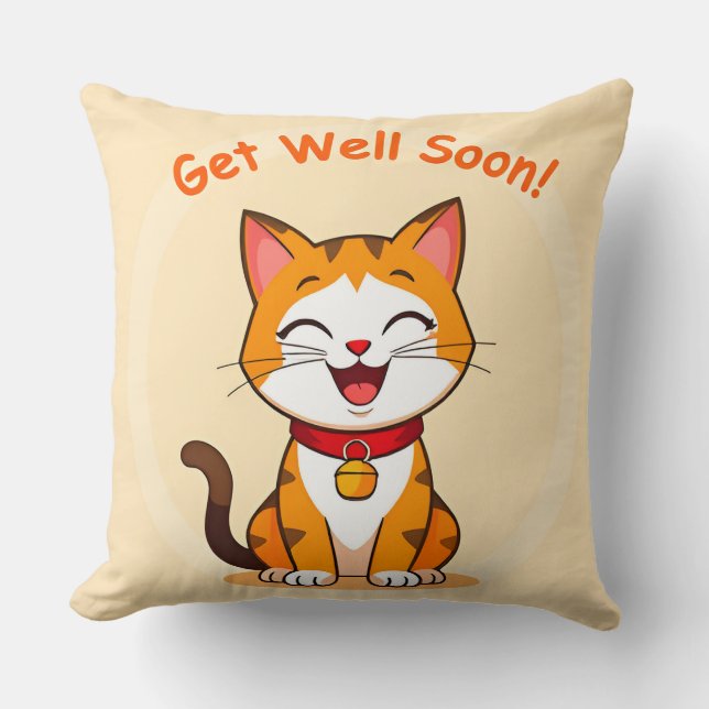 Cute Cat Smiling With 'Get Well Soon' Message Cushion (Front)