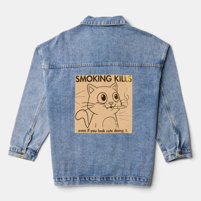 Cute Cat -Smoking Kills Funny Anti-Smoking Design Denim Jacket (Back)