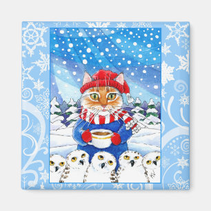 Cute cat, snowy owl winter nature magnet