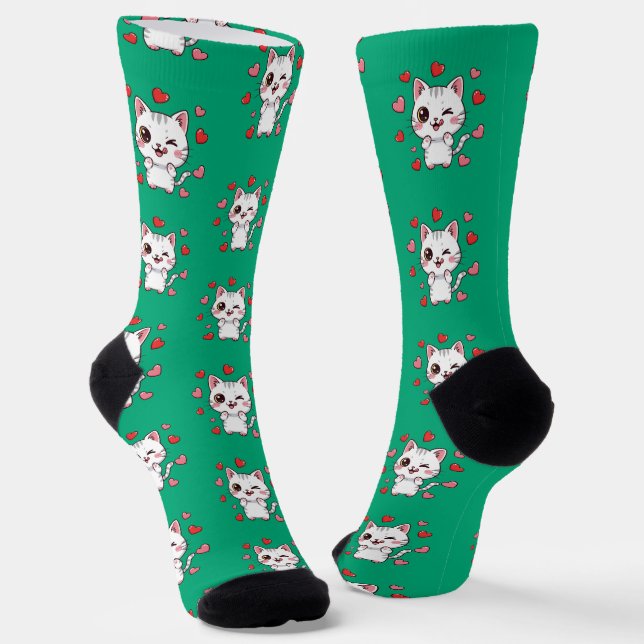 Cute Cat Socks with Hearts –  Cat Lovers Gift (Angled)