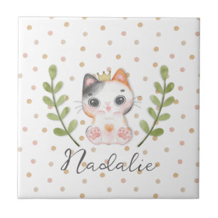 Cute Cat Soft Gender Neutral Dotted Child Nursery Ceramic Tile