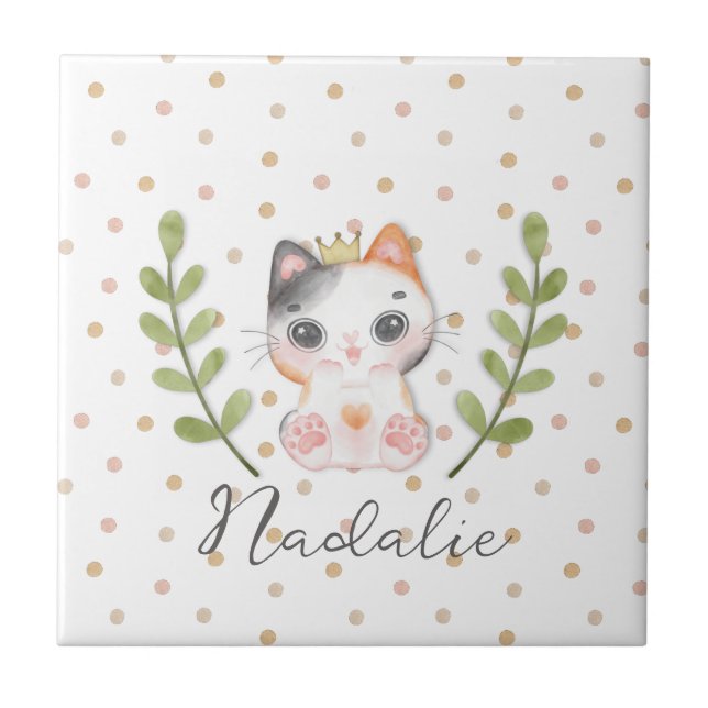 Cute Cat Soft Gender Neutral Dotted Child Nursery Ceramic Tile (Front)