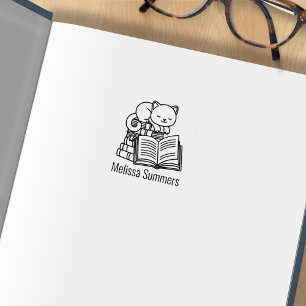 Cute Cat Stack of Books Custom Name Bookplate 1x1 Rubber Stamp