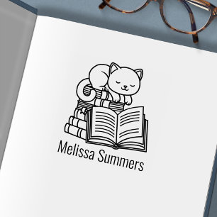 Cute Cat Stack of Books Custom Name Bookplate Self-inking Stamp