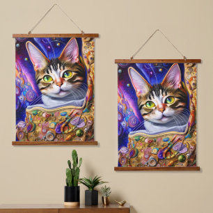 Cute Cat Starry Neon Background Cat Design Hanging Tapestry