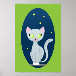 Cute Cat Starry night sky Cartoon on Custom colour Poster