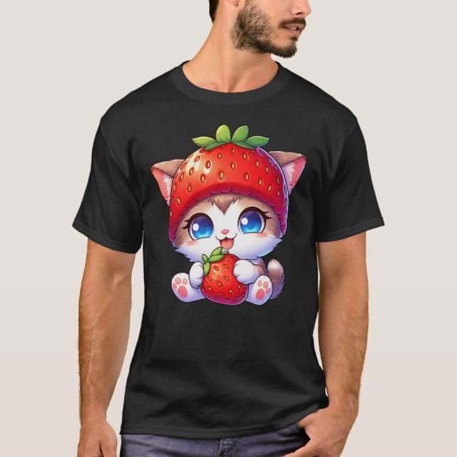 Cute Cat Strawberry Fruit Quirky Hat T-Shirt (Front)