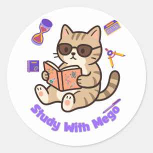 Cute cat studying with sunglasses funny classic round sticker