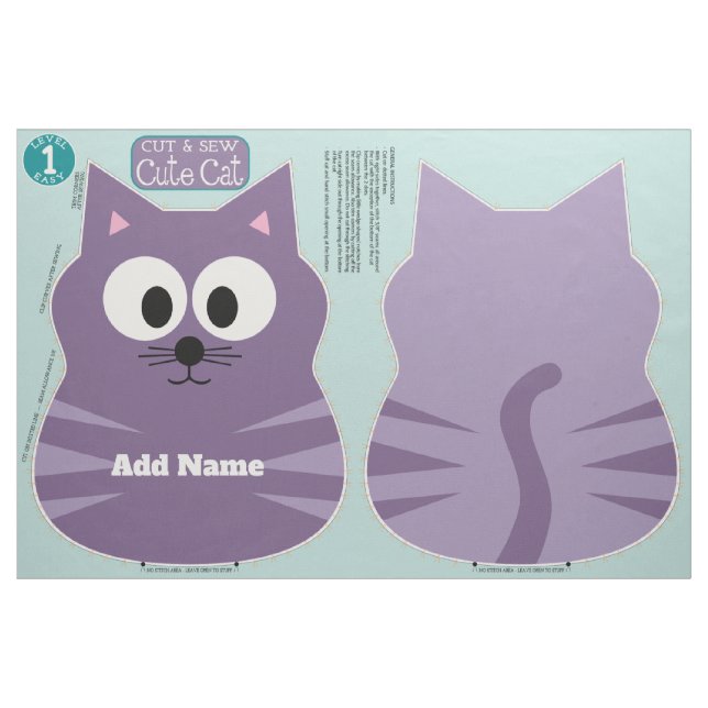 Cute Cat Stuffed Animal Sewing Pattern Custom Name Fabric (Fat Quarter)