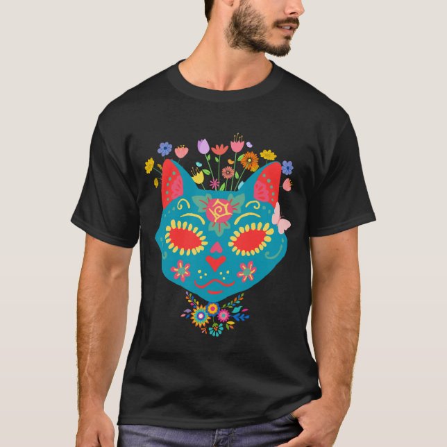 Cute Cat Sugar Skull Full of Colour and Flowers T-Shirt (Front)