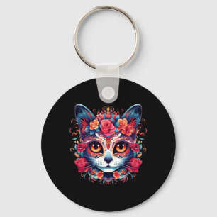 Cute Cat Sugar Skull Mexican Cat Halloween Day Of Key Ring