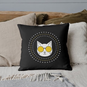Cute Cat Sunglasses And Dot In Yellow Black White Cushion