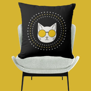 Cute Cat Sunglasses And Dot In Yellow Black White Cushion