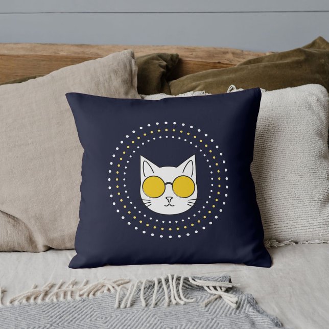 Cute Cat Sunglasses And Dot In Yellow Blue White Cushion (Creator Uploaded)