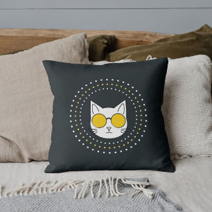 Cute Cat Sunglasses And Dot In Yellow White Grey Cushion