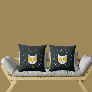 Cute Cat Sunglasses And Dot In Yellow White Grey Cushion