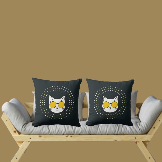 Cute Cat Sunglasses And Dot In Yellow White Grey Cushion (Creator Uploaded)
