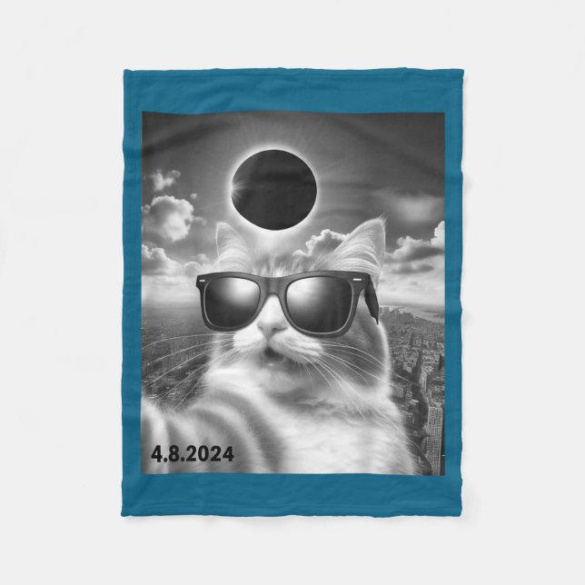 Cute Cat Sunglasses Selfie Solar Eclipse Fleece Blanket (Front)
