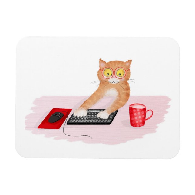 Cute cat surfing the internet on a computer magnet (Horizontal)