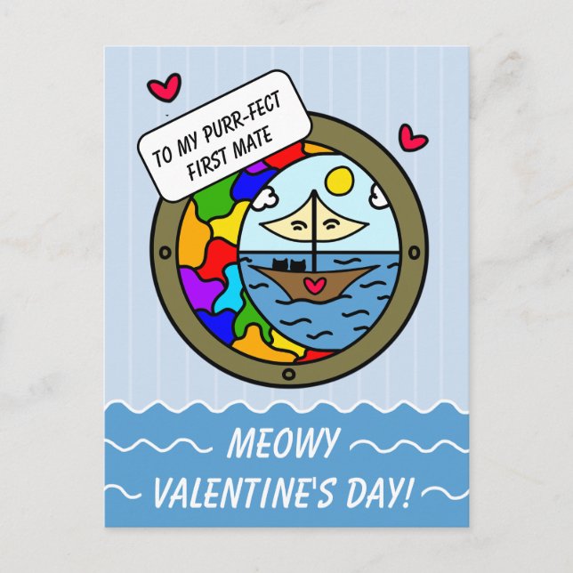 Cute Cat Sweet Adventure Sailboat Valentine Holiday Postcard (Front)