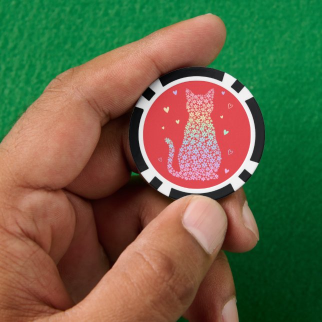  cute cat sweet rainbow hearts pastel gradient poker chips (Hand)