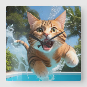 Cute Cat Swimming Diving in Pool Funny Square Wall Clock