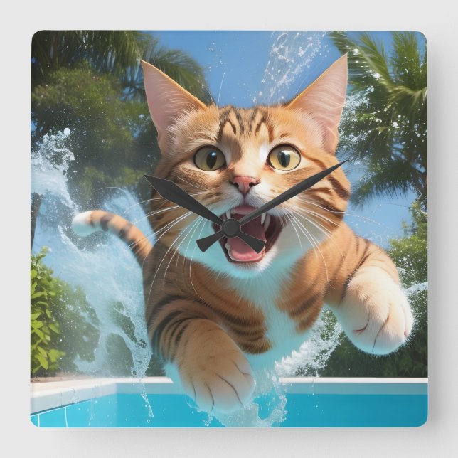 Cute Cat Swimming Diving in Pool Funny Square Wall Clock (Front)