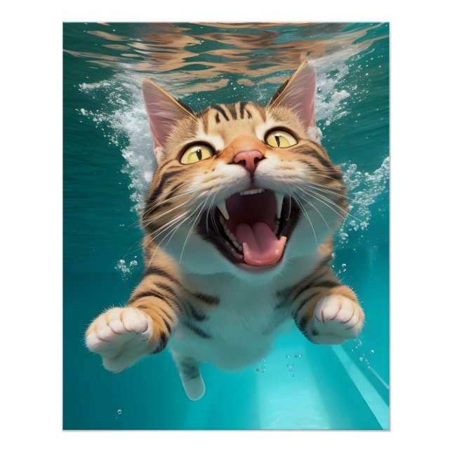 Cute Cat Swimming Diving Underwater in Pool Funny Poster (Front)