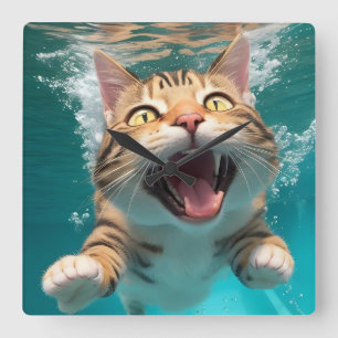 Cute Cat Swimming Diving Underwater in Pool Funny Square Wall Clock