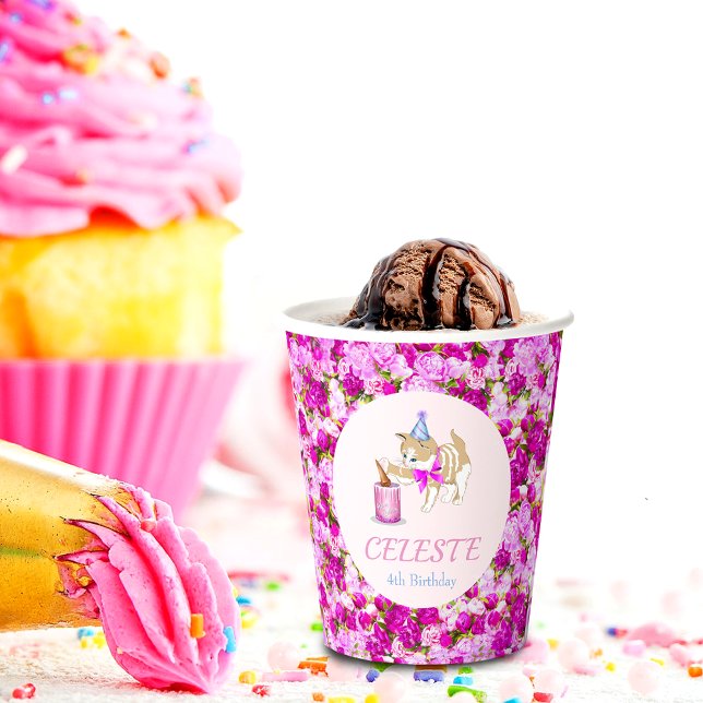 Cute Cat Swiping At Cake With Peonies and Glitter Paper Cups (Creator Uploaded)