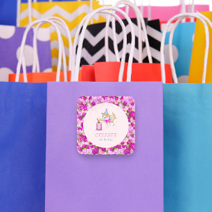 Cute Cat Swiping At Cake With Peonies and Glitter Square Sticker